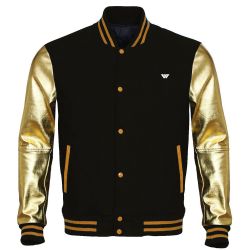 Golden PU Leather Sleeves Varsity Jackets